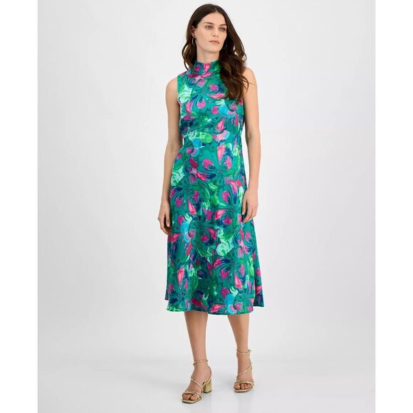 Tahari ASL Womens Sleeveless Mock Neck Design Midi Dress Jade Rose Size 14 NWT - Picture 1 of 5